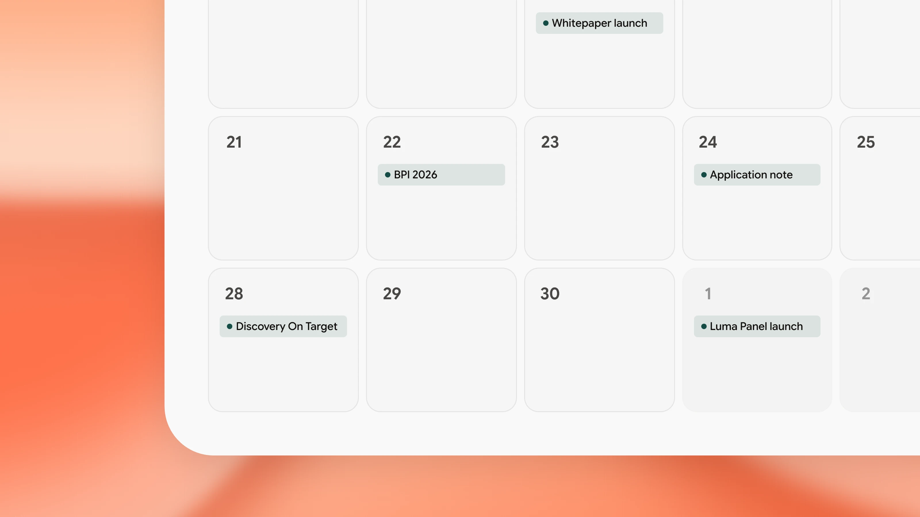 Pyroplane calendar showing an announcement, follow-up content, and company milestones