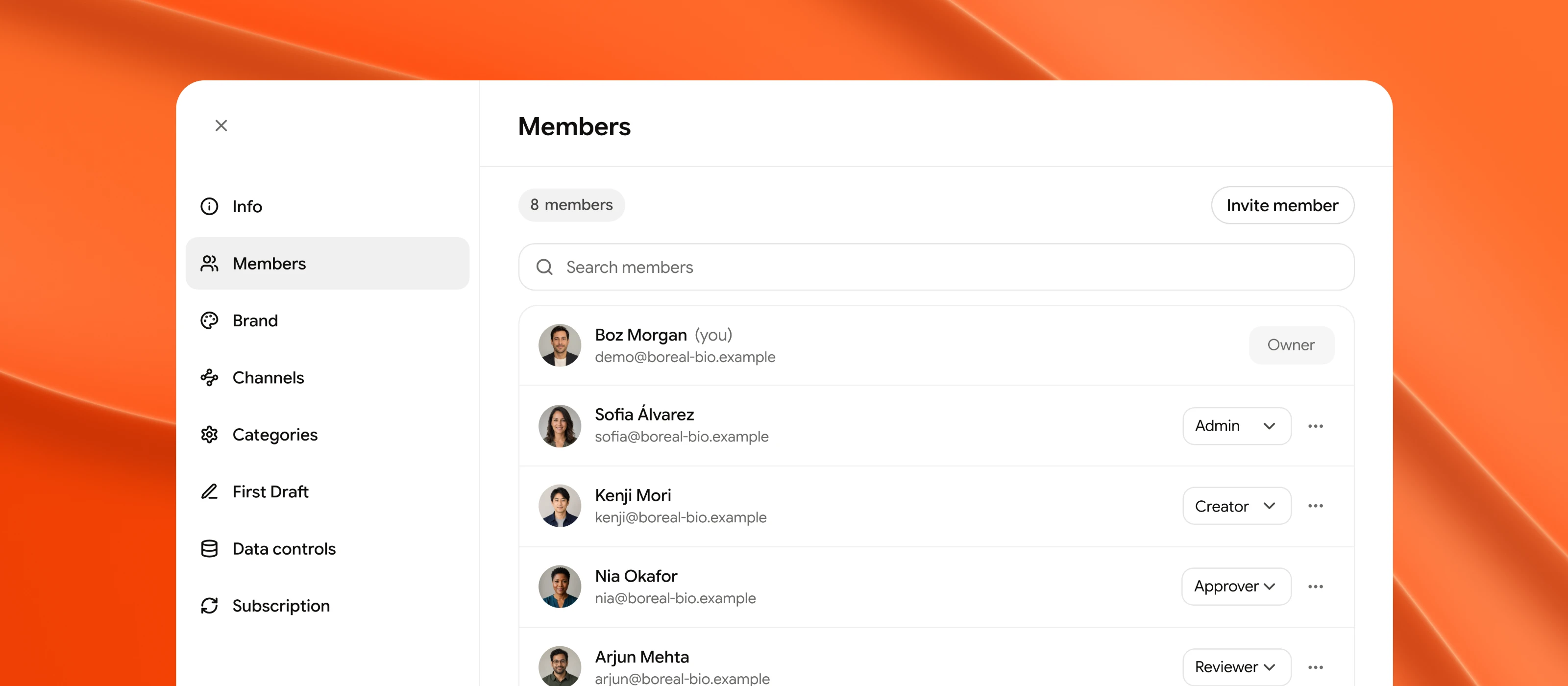 Pyroplane Members settings showing member invitations and Owner, Admin, and Creator roles in a sample workspace
